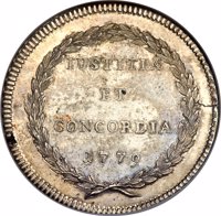 Swiss cantons coin 1 Thaler (1779) reverse reverse of 1 Thaler (1779) coin with KM# 167 from Swiss cantons. Inscription: IUSTITIA ET CONCORDIA 1779