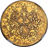 Swiss cantons coin 1 Ducat (1641 - 1643) obverse obverse of 1 Ducat (1641 - 1643) coin with KM# 60 from Swiss cantons. Inscription: DOMINE·CONSERVA·NOS·IN·PACE·