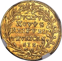 Swiss cantons coin 1 Ducat (1641 - 1643) reverse reverse of 1 Ducat (1641 - 1643) coin with KM# 60 from Swiss cantons. Inscription: DVCATVS NOVVS REIPVBL: THVRICEN SIS·