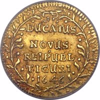 Swiss cantons coin 1 Ducat (1646) reverse reverse of 1 Ducat (1646) coin with KM# 68 from Swiss cantons. Inscription: DUCATUS NOVUS REIPUBL TIGURI 1646