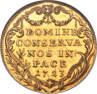 Swiss cantons coin 2 Ducat (1718 - 1767) reverse reverse of 2 Ducat (1718 - 1767) coin with KM# 141 from Swiss cantons. Inscription: DOMINE CONSERVA NOS IN PACE 1723