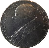 obverse of 100 Lire - Pius XII (1955 - 1958) coin with KM# 55 from Vatican City. Inscription: PIVS · XII · P · M · AN · XX
