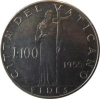 Vatican City coin 100 Lire - Pius XII (1955 - 1958) reverse reverse of 100 Lire - Pius XII (1955 - 1958) coin with KM# 55 from Vatican City. Inscription: CITTA' DEL VATICANO L · 100 1958 FIDES