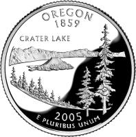 United States coin 1/4 Dollar - Oregon - Washington Quarter; Silver Proof (2005) reverse reverse of 1/4 Dollar - Oregon - Washington Quarter; Silver Proof (2005) coin with KM# 372a from United States. Inscription: OREGON 1859 CRATER LAKE 2005 E PLURIBUS UNUM