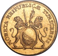 Swiss cantons coin 2 Ducat (1776) obverse obverse of 2 Ducat (1776) coin with KM# 165 from Swiss cantons. Inscription: MONETA REIPUBLICÆ TURICENSIS