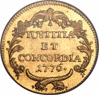Swiss cantons coin 2 Ducat (1776) reverse reverse of 2 Ducat (1776) coin with KM# 165 from Swiss cantons. Inscription: IUSTITIA ET CONCORDIA 1776·