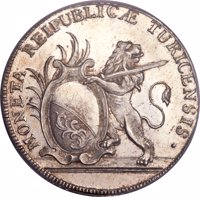 Swiss cantons coin 1 Thaler (1776 - 1777) obverse obverse of 1 Thaler (1776 - 1777) coin with KM# 163 from Swiss cantons. Inscription: MONETA REIPUBLICÆ TURICENSIS.