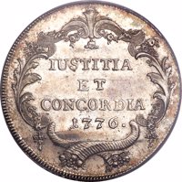 Swiss cantons coin 1 Thaler (1776 - 1777) reverse reverse of 1 Thaler (1776 - 1777) coin with KM# 163 from Swiss cantons. Inscription: IUSTITIA ET CONCORDIA 1776