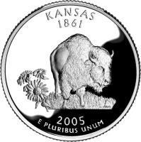 United States coin 1/4 Dollar - Kansas - Washington Quarter; Silver Proof (2005) reverse reverse of 1/4 Dollar - Kansas - Washington Quarter; Silver Proof (2005) coin with KM# 373a from United States.