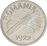 obverse of 1 Leu - Ferdinand I (1922) coin with KM# Pn187 from Romania. Inscription: ROMANIA 1922