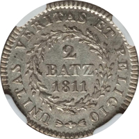 Swiss cantons coin 2 Batzen (1811) reverse reverse of 2 Batzen (1811) coin with KM# 43 from Swiss cantons. Inscription: UNITAS VERITAS ET RELIGIO