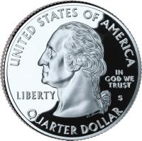 obverse of 1/4 Dollar - West Virginia - Washington Quarter; Silver Proof (2005) coin with KM# 374a from United States. Inscription: UNITED STATES OF AMERICA LIBERTY S IN GOD WE TRUST QUARTER DOLLAR