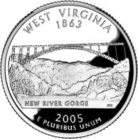 United States coin 1/4 Dollar - West Virginia - Washington Quarter; Silver Proof (2005) reverse reverse of 1/4 Dollar - West Virginia - Washington Quarter; Silver Proof (2005) coin with KM# 374a from United States. Inscription: WEST VIRGINIA 1863 NEW RIVER GORGE JM 2005 E PLURIBUS UNUM