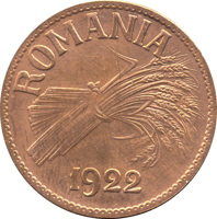 obverse of 1 Leu - Ferdinand I (1922) coin with KM# Pn186 from Romania. Inscription: ROMANIA 1922