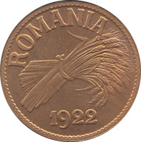 obverse of 2 Lei - Ferdinand I (1922) coin with KM# Pn189 from Romania. Inscription: ROMANIA 1922