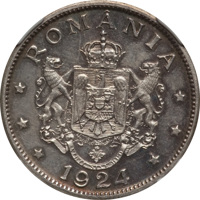 obverse of 2 Lei - Ferdinand I (1924) coin with KM# Pn218 from Romania. Inscription: ROMÂNIA NIHIL SINE DEO 1924