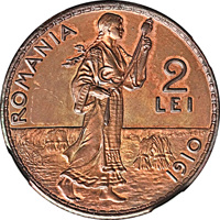reverse of 2 Lei - Carol I (1910) coin with KM# Pn176 from Romania. Inscription: ROMANIA 2 LEI 1910 Bassarab