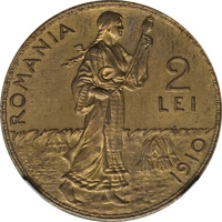 reverse of 2 Lei - Carol I (1910) coin with KM# Pn175 from Romania. Inscription: ROMANIA 2 LEI 1910 Bassarab