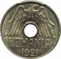 Romania coin 25 Bani - Ferdinand I (1921) obverse obverse of 25 Bani - Ferdinand I (1921) coin with KM# PnD180 from Romania. Inscription: ROMANIA HF 1921