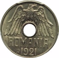 obverse of 25 Bani - Ferdinand I (1921) coin with KM# PnD180 from Romania. Inscription: ROMANIA HF 1921