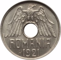 obverse of 50 Bani - Ferdinand I (1921) coin with KM# Pn180 from Romania. Inscription: ROMANIA 1921