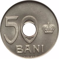 reverse of 50 Bani - Ferdinand I (1921) coin with KM# Pn180 from Romania. Inscription: 50 BANI HUGUENIN