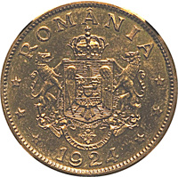 obverse of 2 Lei - Ferdinand I (1924) coin with KM# Pn215 from Romania. Inscription: ROMÂNIA NIHIL SINE DEO 1924