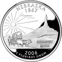 reverse of 1/4 Dollar - Nebraska - Washington Quarter; Silver Proof (2006) coin with KM# 383a from United States.