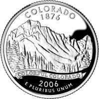 reverse of 1/4 Dollar - Colorado - Washington Quarter; Silver Proof (2006) coin with KM# 384a from United States. Inscription: COLORADO 1876 COLORFUL COLORADO 2006 E PLURIBUS UNUM