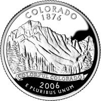 United States coin 1/4 Dollar - Colorado - Washington Quarter; Silver Proof (2006) reverse reverse of 1/4 Dollar - Colorado - Washington Quarter; Silver Proof (2006) coin with KM# 384a from United States. Inscription: COLORADO 1876 COLORFUL COLORADO 2006 E PLURIBUS UNUM