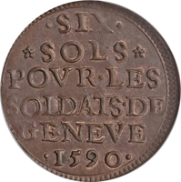 Swiss cantons coin 6 Sols (1590) reverse reverse of 6 Sols (1590) coin from Swiss cantons. Inscription: ·SIX· *SOLS* POVR-LES SOLDATS·DE GENEVE ·1590·