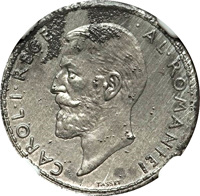 obverse of 50 Bani - Carol I (1910) coin with KM# Pn158 from Romania. Inscription: CAROL.I.REGE.AL.ROMANIEI TASSET