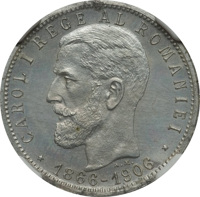 obverse of 1 Leu - Carol I - 40th Anniversary of the Reign of Carol I (1906) coin with KM# Pn103 from Romania. Inscription: CAROL I REGE AL ROMANIAEI *1866-1906* A.M.