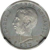 reverse of 1 Leu - Carol I - 40th Anniversary of the Reign of Carol I (1906) coin with KM# Pn103 from Romania. Inscription: CAROL I DOMNUL ROMANIEI * 1 LEU * A MICHAUX