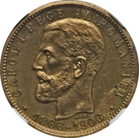 obverse of 1 Leu - Carol I - 40th Anniversary of the Reign of Carol I (1906) coin with KM# Pn102 from Romania. Inscription: CAROL I REGE AL ROMANIAEI *1866-1906* A.M.