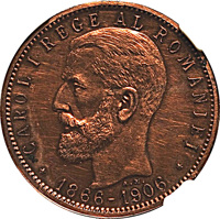 obverse of 1 Leu - Carol I - 40th Anniversary of the Reign of Carol I (1906) coin with KM# Pn104 from Romania. Inscription: CAROL I REGE AL ROMANIAEI *1866-1906* A.M.