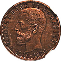 Romania coin 1 Leu - Carol I - 40th Anniversary of the Reign of Carol I (1906) obverse obverse of 1 Leu - Carol I - 40th Anniversary of the Reign of Carol I (1906) coin with KM# Pn104 from Romania. Inscription: CAROL I REGE AL ROMANIAEI *1866-1906* A.M.