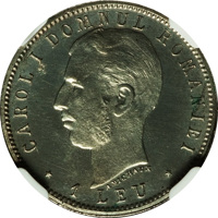 reverse of 1 Leu - Carol I - 40th Anniversary of the Reign of Carol I (1906) coin with KM# Pn101 from Romania. Inscription: CAROL I DOMNUL ROMANIEI * 1 LEU * A MICHAUX
