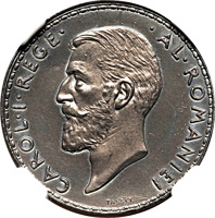obverse of 1 Leu - Carol I (1910) coin with KM# Pn163 from Romania. Inscription: CAROL·I·REGE· ·AL·ROMANIEI TASSET