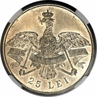 Romania coin 25 Lei - Carol I - 40th Anniversary of the Reign of Carol I (1906) reverse reverse of 25 Lei - Carol I - 40th Anniversary of the Reign of Carol I (1906) coin with KM# Pn129 from Romania. Inscription: PRIN STATORNICIE LA ISBINDA 25 LEI