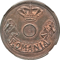 obverse of 20 Bani - Carol I (1905) coin with KM# Pn97 from Romania. Inscription: ROMANIA