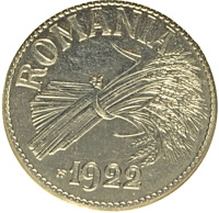 obverse of 2 Lei - Ferdinand I (1922) coin with KM# Pn190 from Romania. Inscription: ROMANIA 1922