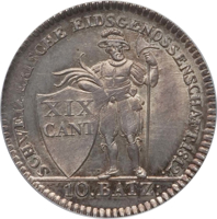 Swiss cantons coin 10 Batzen (1812) reverse reverse of 10 Batzen (1812) coin with KM# 78 from Swiss cantons. Inscription: SCHWEIZERISCHE EIDSGENOSSENSCHAFT.1812. XIX CANT 10.BATZ: