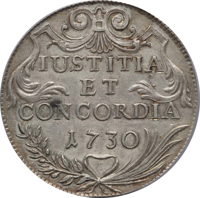 Swiss cantons coin 1 Thaler (1724 - 1734) reverse reverse of 1 Thaler (1724 - 1734) coin with KM# 147 from Swiss cantons. Inscription: IUSTITIA ET CONCORDIA 1730