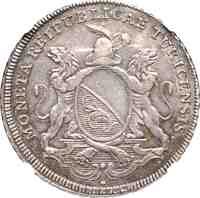 Swiss cantons coin 1 Thaler (1780) obverse obverse of 1 Thaler (1780) coin with KM# 170 from Swiss cantons. Inscription: MONETA REIPUBLICAE TURICENSIS