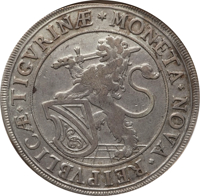 Swiss cantons coin 1 Thaler (1695) obverse obverse of 1 Thaler (1695) coin with KM# 112 from Swiss cantons. Inscription: * MONETA + NOVA+ REIPVBLICÆ + TIGVRINÆ