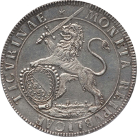 Swiss cantons coin 1 Thaler (1680) obverse obverse of 1 Thaler (1680) coin with KM# 113 from Swiss cantons. Inscription: MONETA REIPVBLICAE TICVRINAE
