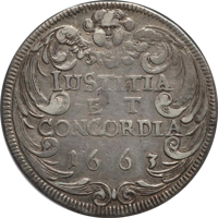 Swiss cantons coin 1 Thaler (1661 - 1665) reverse reverse of 1 Thaler (1661 - 1665) coin with KM# 89.1 from Swiss cantons. Inscription: IUSTITIA ET CONCORDIA 1663