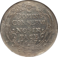 Swiss cantons coin 1 Thaler (1647) reverse reverse of 1 Thaler (1647) coin with KM# 71 from Swiss cantons. Inscription: DOMINE CONSERVA NOS IN PACE 1647