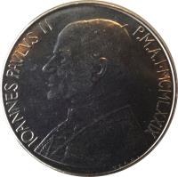 obverse of 100 Lire - John Paul II (1979 - 1980) coin with KM# 146 from Vatican City. Inscription: IOANNES PAVLVS II P.M.A.I MCMLXXIX